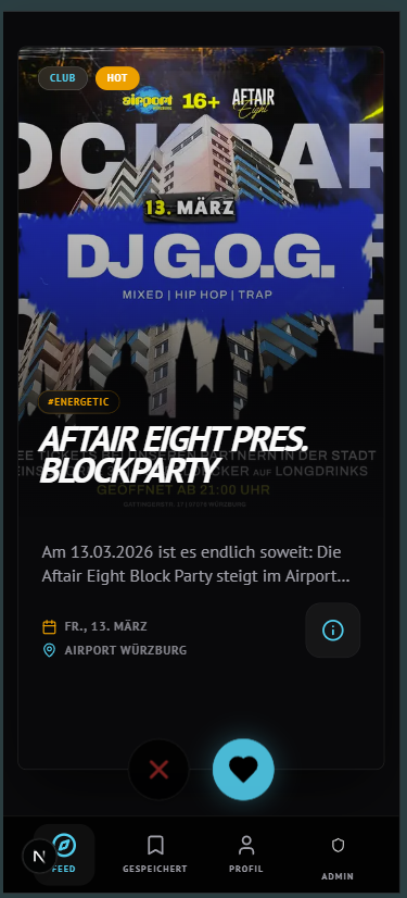 nxtVIBE App: Swipe-Feed mit einem Event im Airport Würzburg